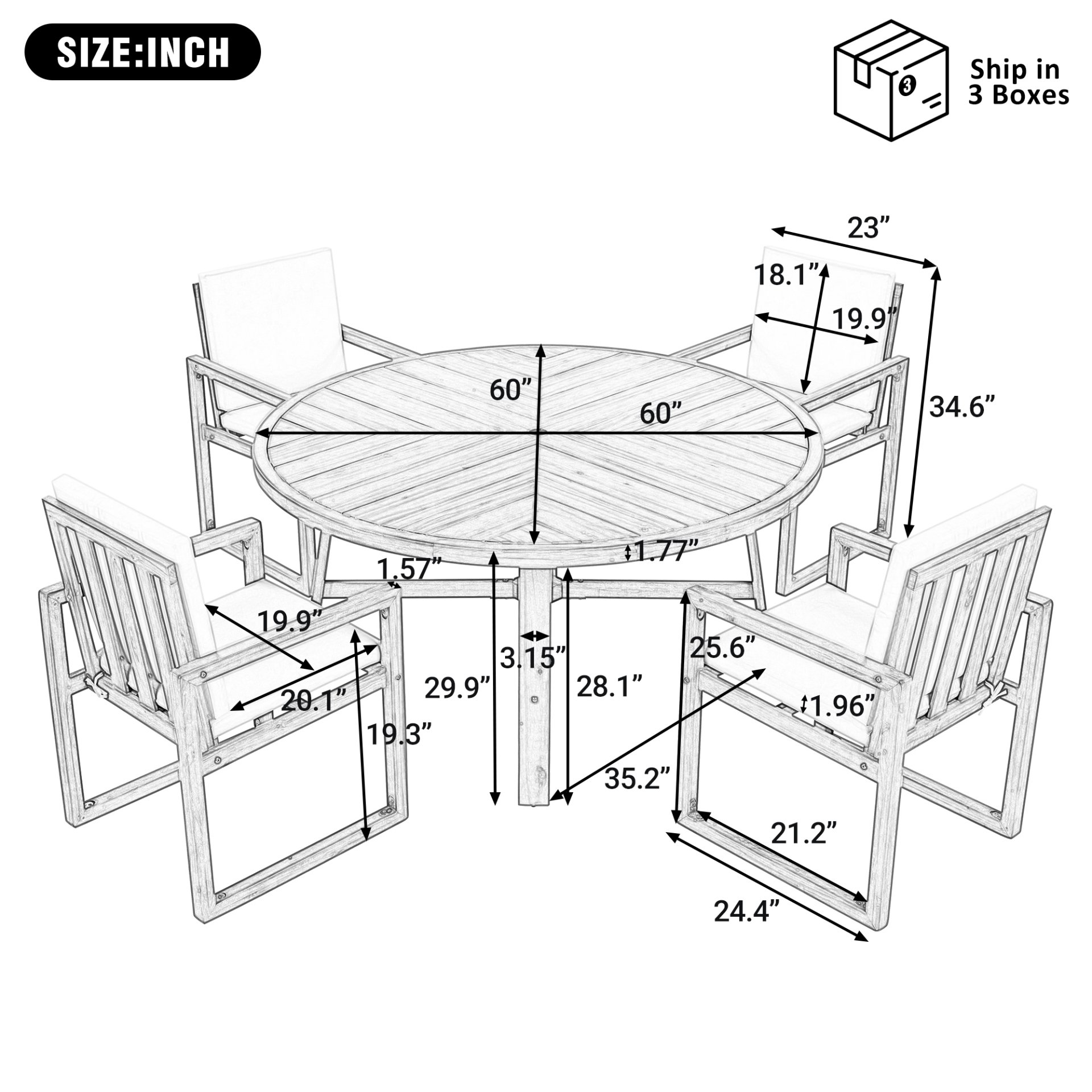 5 Piece Outdoor Patio Dining Set With 4 Armchairs And Table - Beige - Image 3