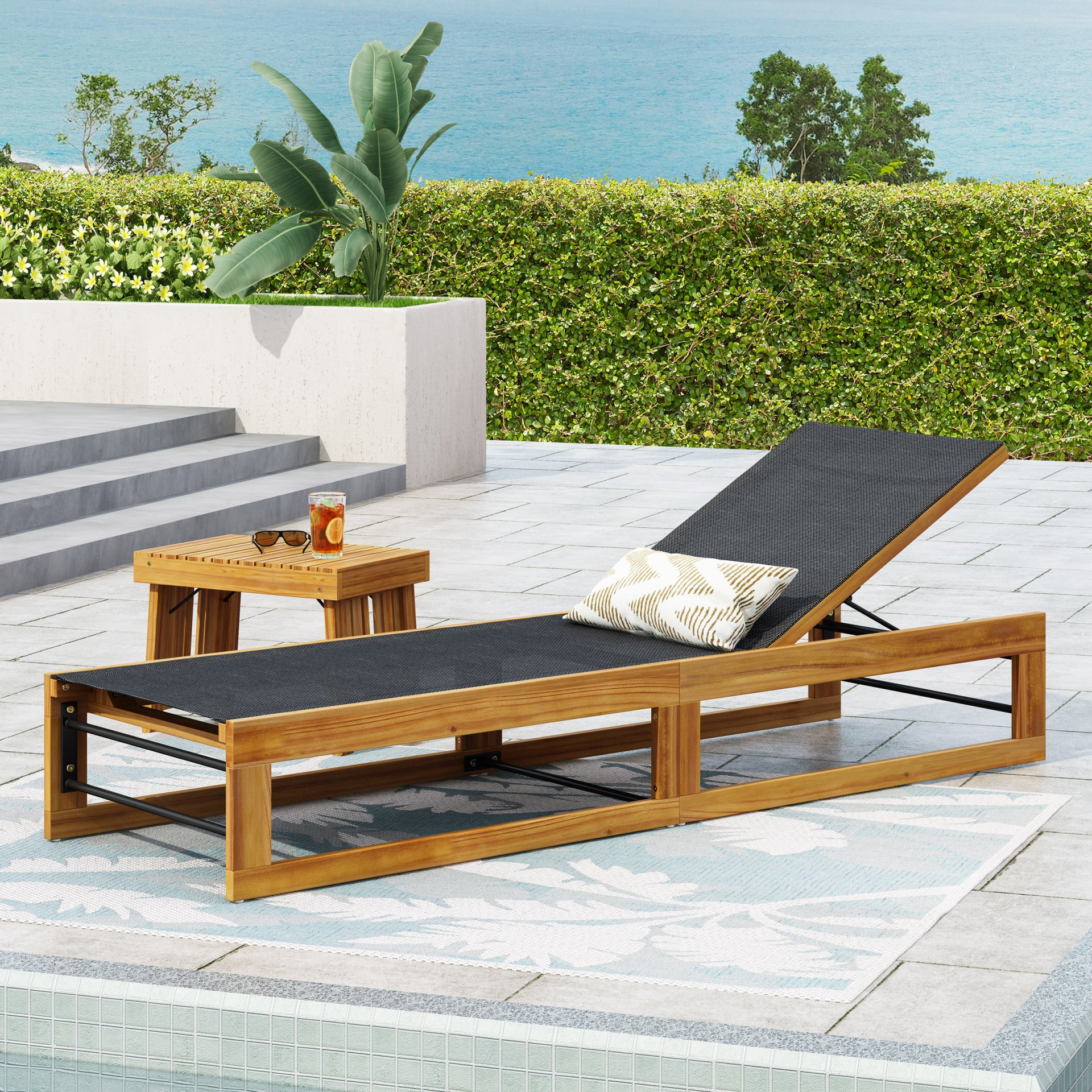 Outdoor Chaise Lounge With Acacia Wood Frame And Mesh Seat - Teak - Image 2