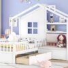 Twin Size House Bed With Sofa, Kids Platform Bed With 2 Drawers And Storage Shelf - White - Image 12