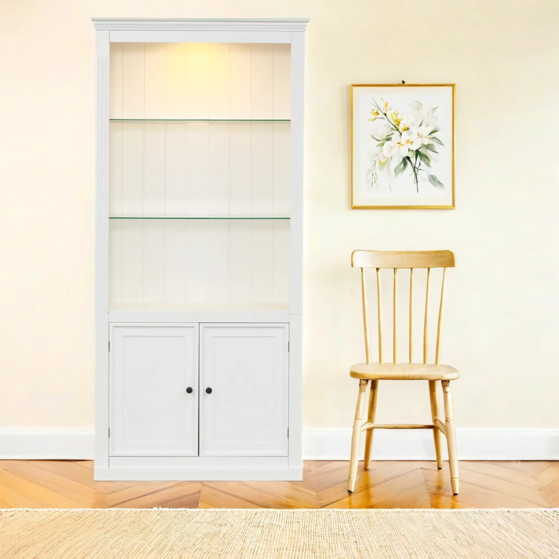 Retro Style Display Bookcase With Adjustable LED Ceiling Light And Tempered Glass Shelves - White - Image 7