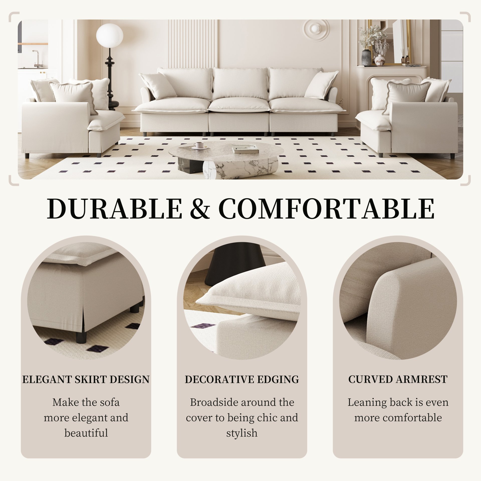 3 Piece Living Room Set Modular Sectional Couch Upholstered 3 Seater Sofa & 2 Armchairs 5 Seat - Beige - Image 5