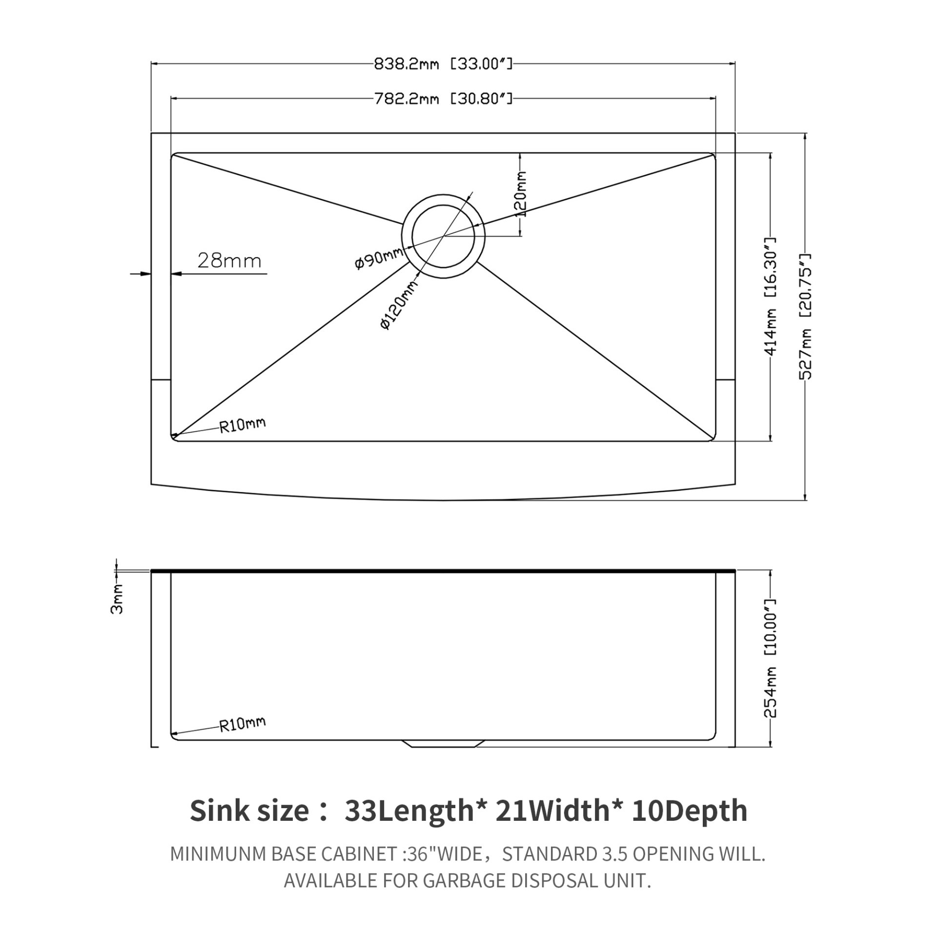 Farmhouse Kitchen Sink 33" Stainless Steel 16 Gauge Apron Front - Gold - Image 3