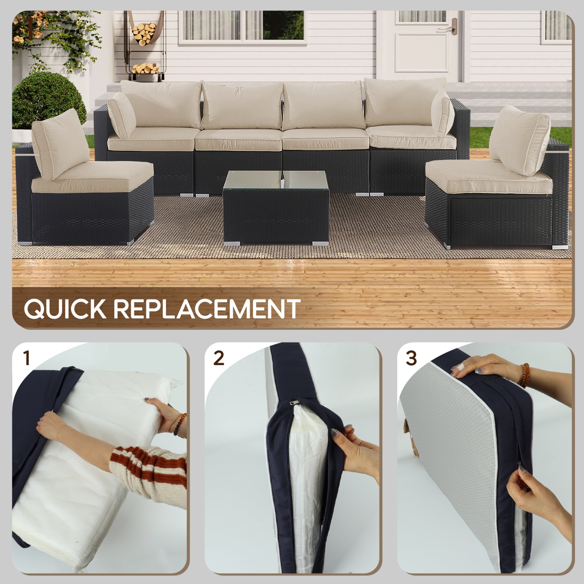 Cushion Covers For 7 Piece Wicker Sectional Sofa, 14 Pack Seat And Back Slipcovers With Zipper (Covers Only) - Khaki - Image 6