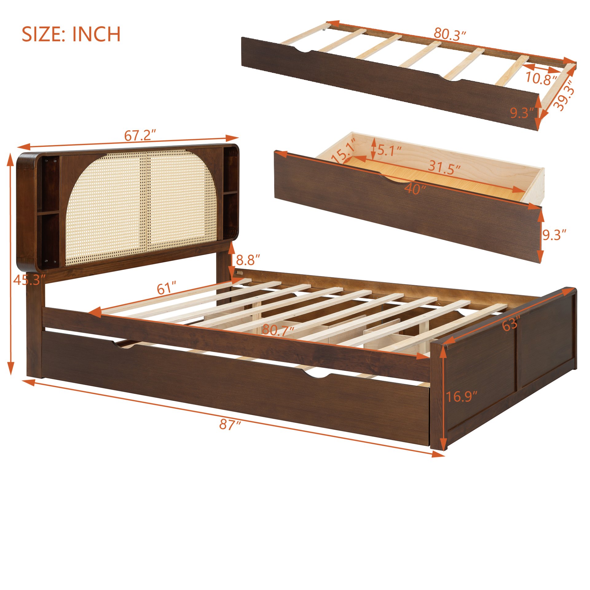 Queen Size Headboard Bed With 2 Drawers And Trundle Walnut - Image 13