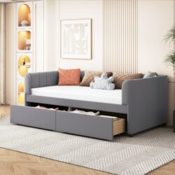 Twin Size Upholstered Daybed With Ergonomic Design Backrest And 2 Drawers - Gray