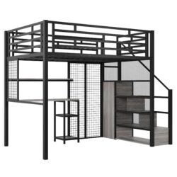 Full Size Metal Loft Bed With Wardrobe, Desk, Storage Shelves - Black