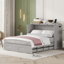 Queen Size Murphy Wall Bed With Drawer And A Set Of Sockets & USB Ports, Pulley Structure Design - Gray