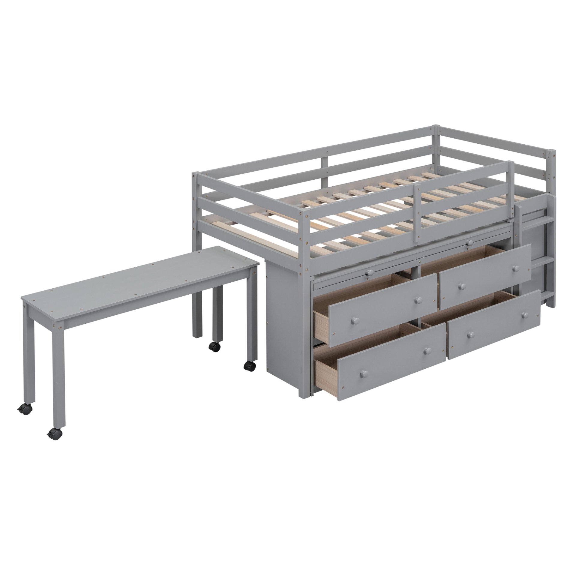 Twin Size Loft Bed With Retractable Writing Desk And 4 Drawers, With Lateral Portable Desk And Shelves - Gray - Image 4