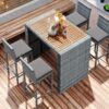 5 Pieces Outdoor Patio Wicker Bar Set, Bar Height Chairs With Non-Slip Feet And Fixed Rope, Removable Cushion, Acacia Wood Table Top - Brown / Gray - Image 5