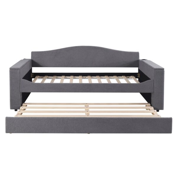Twin Size Upholstered Daybed With Storage Armrests, Trundle And Latest Integrated Bluetooth Audio System - Gray