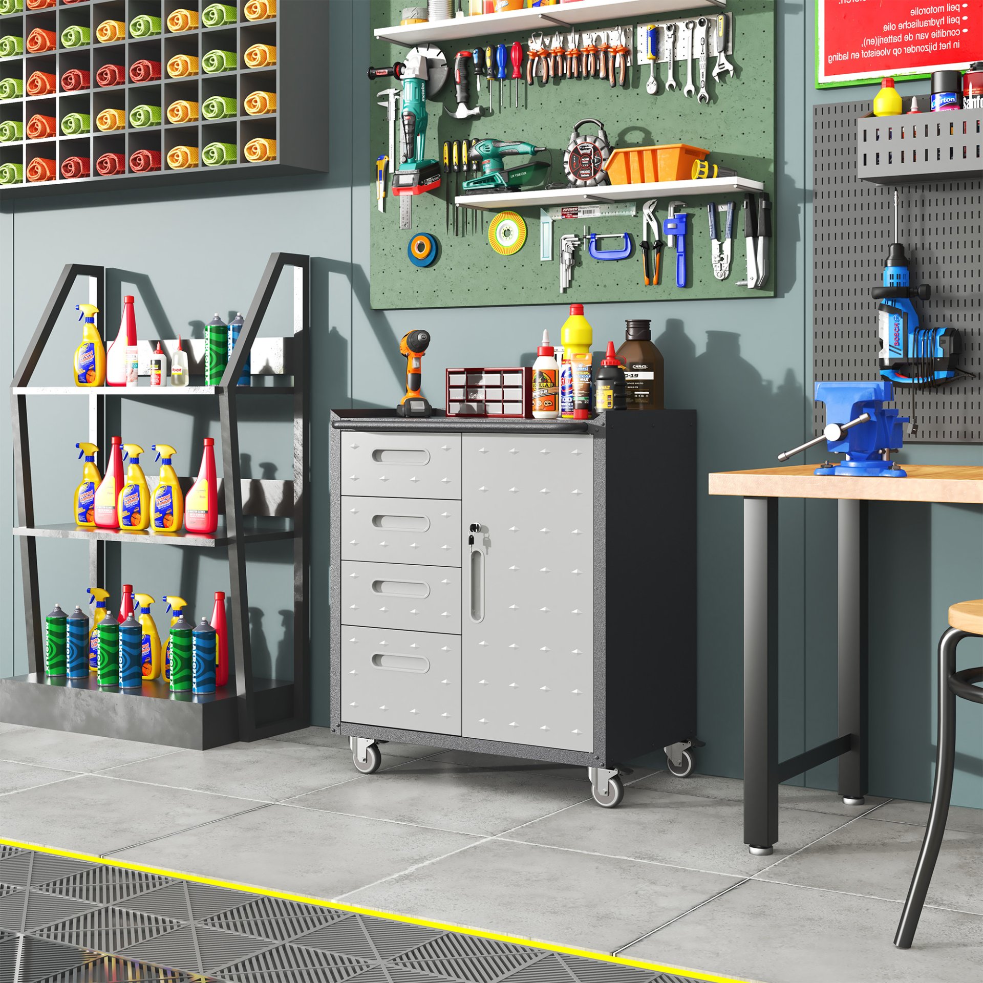 Sturdy Metal Tool Storage Cabinet With Wheels Durable Garage, Office & Home Organizer Steel - White - Image 5