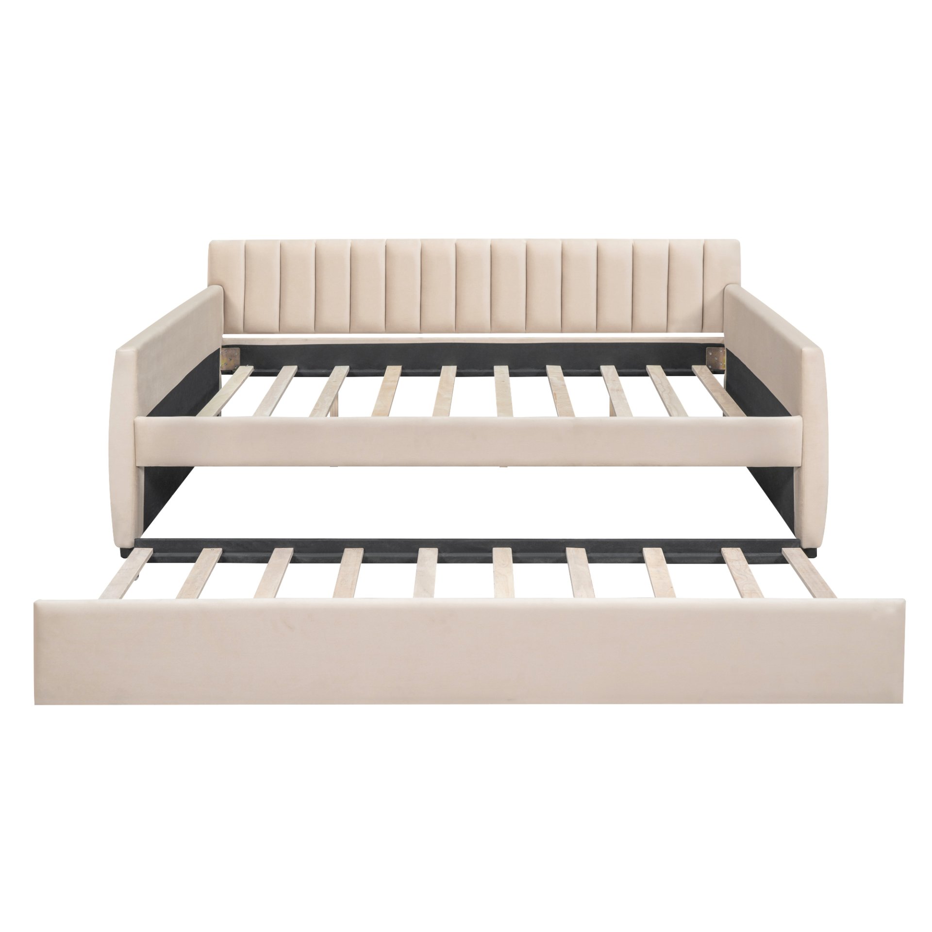 Full Size Upholstered Daybed With Trundle And Slat Support - Beige - Image 4