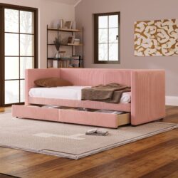 Twin Size Corduroy Daybed With Two Drawers And Slat - Pink