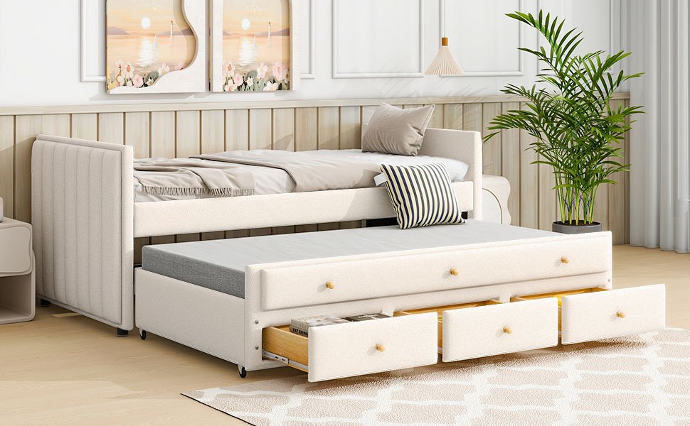 Twin Size Upholstered Daybed With Twin Size Trundle And Drawers - Beige - Image 22