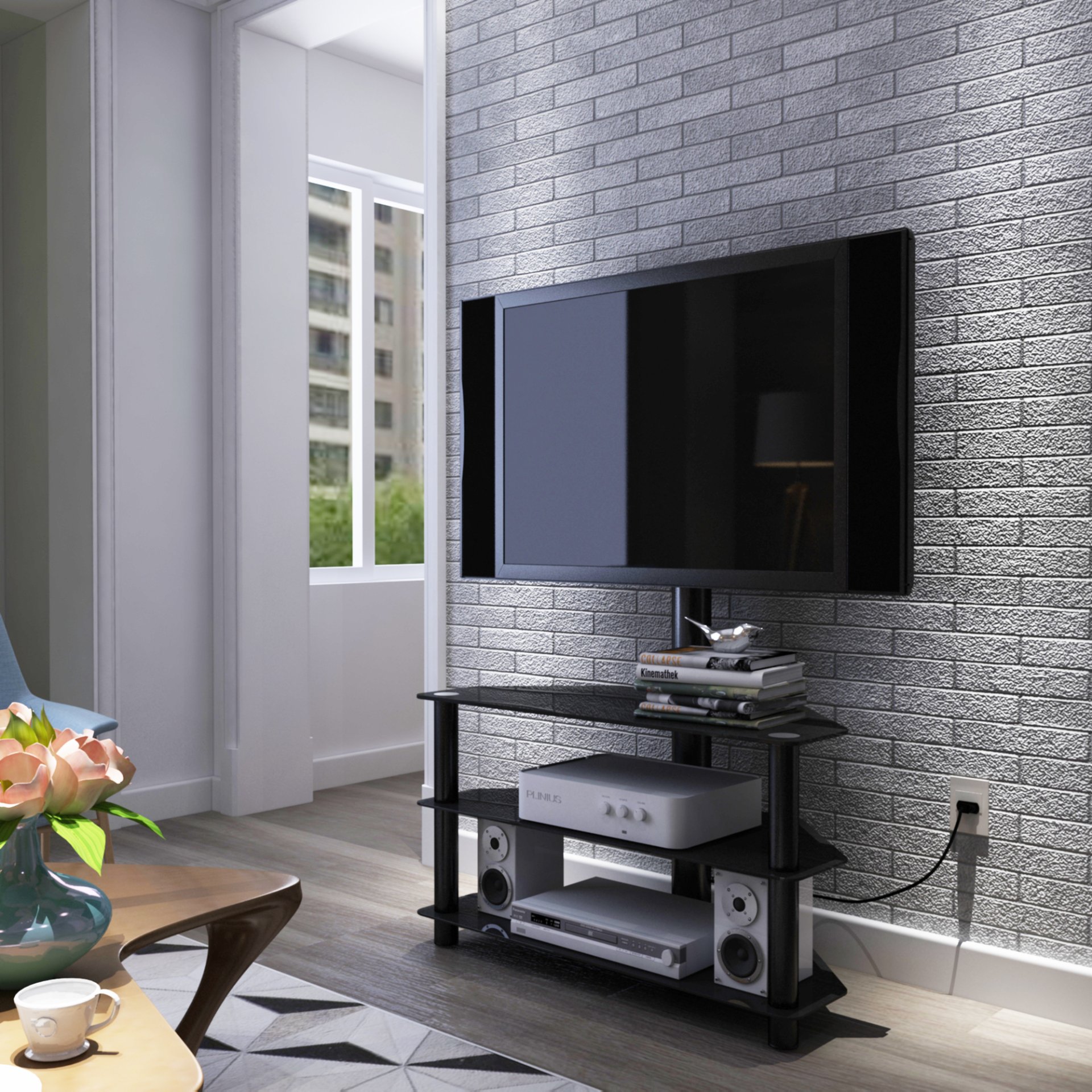 43.3" Multi-Function TV Stand Height Adjustable Bracket Swivel 3 Tier - Black - Image 2