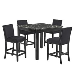 Contemporary 5 Piece Counter Height Dining Set With Faux Marble Table And Upholstered Chairs - Black