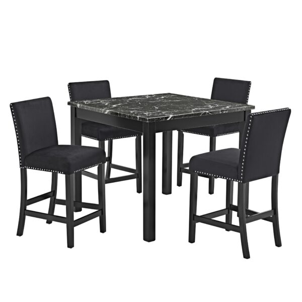 Contemporary 5 Piece Counter Height Dining Set With Faux Marble Table And Upholstered Chairs - Black
