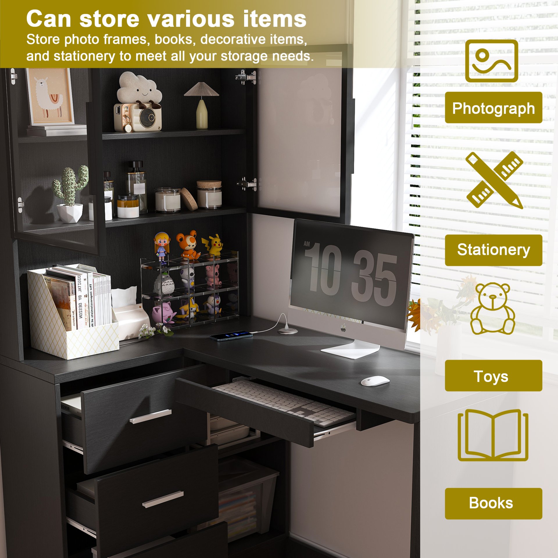 L Shaped Computer Desk With Glass Cabinets, Built In LED Lights, USB Charging Ports, And Keyboard Tray - Black - Image 8