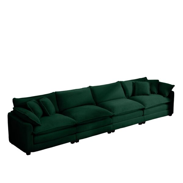 Modern Upholstered Corduroy Fabric 4 Seater Sofa With Arm And Throw Pillows - Green
