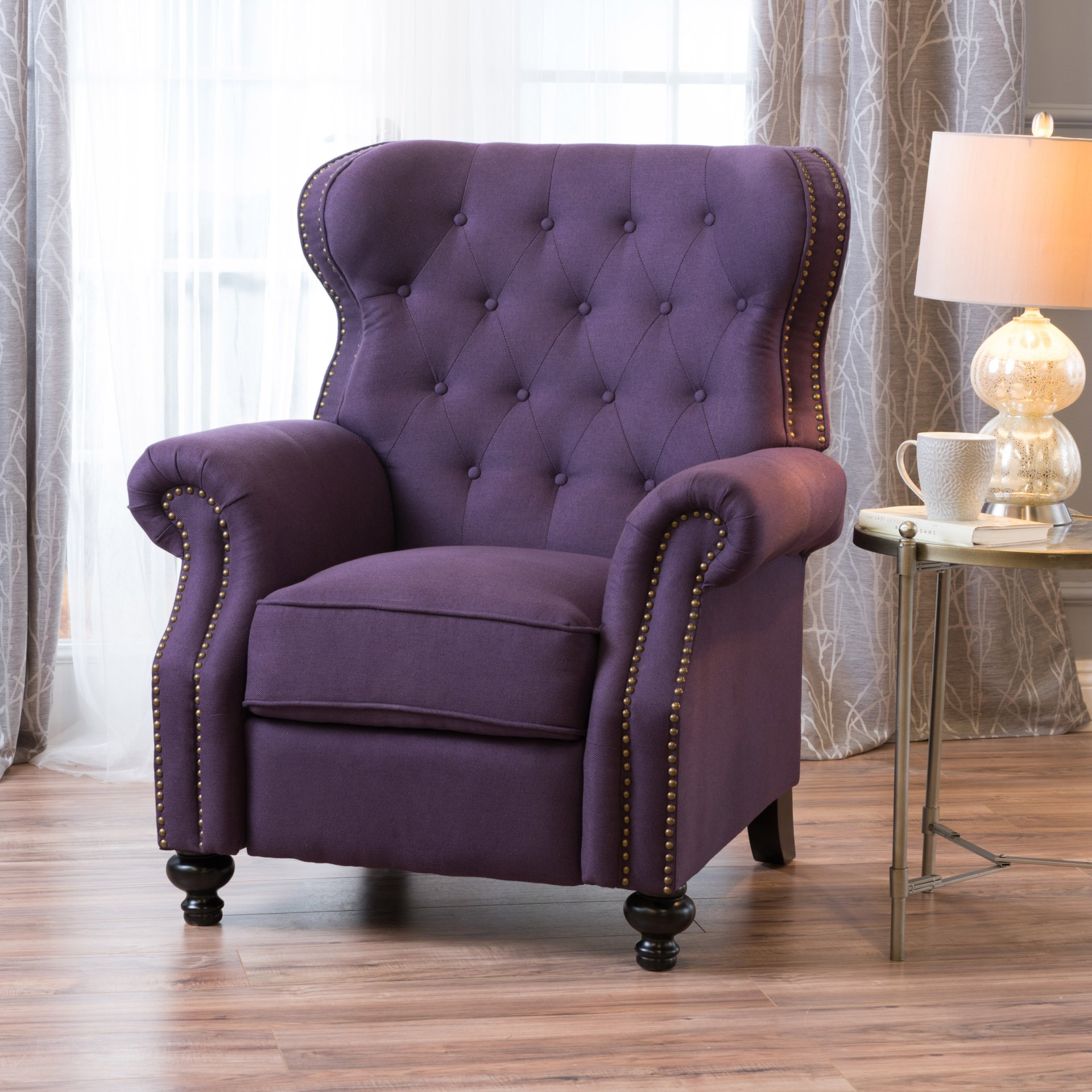 Accented Push Back Recliner Chair With Rolled Arms, Cocooning Comfort - Plum - Image 9