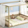 Full Size Canopy Frame Floor Bed With Fence, Guardrails - Natural - Image 12