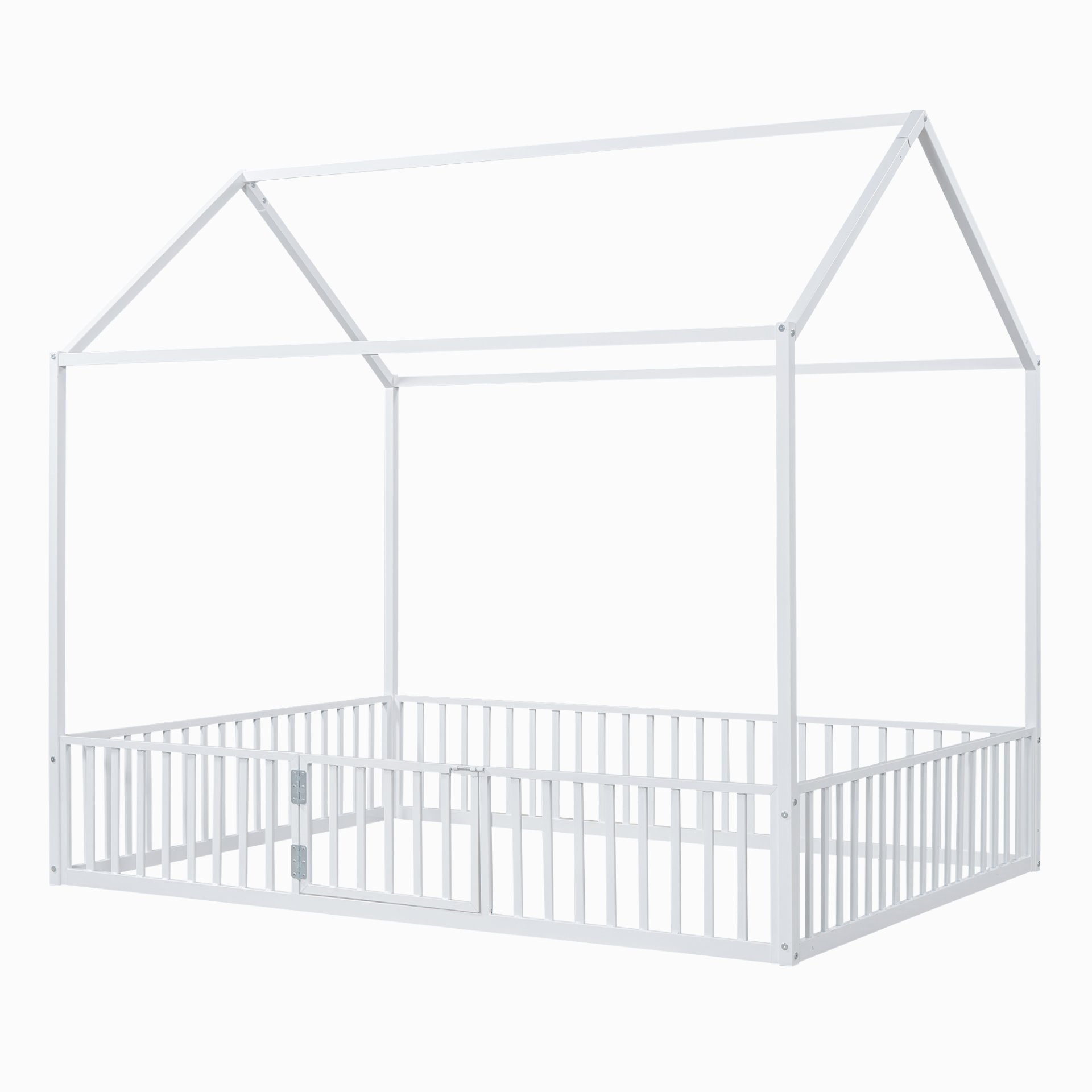 Full Size Metal House Bed With Fence And Door - White - Image 3