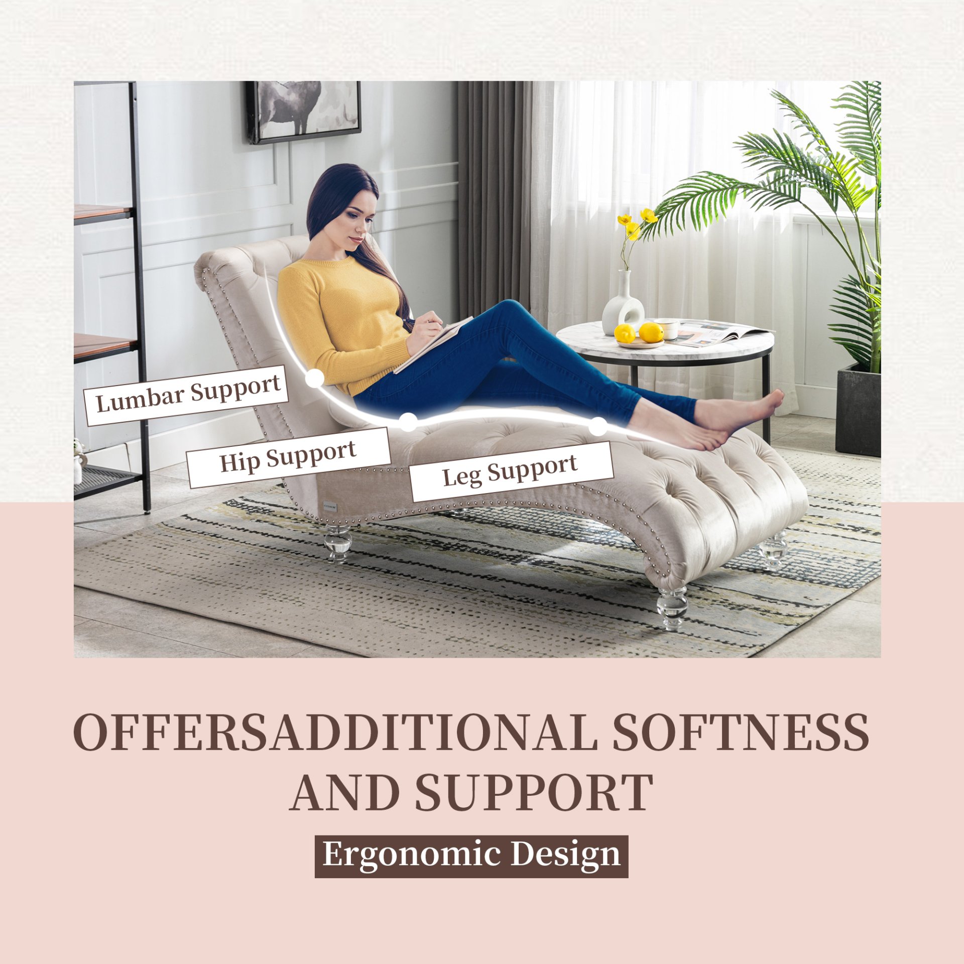 Velvet Chaise Lounge Indoor, Button Tufted Upholstered Chair With Pillow - Beige - Image 7