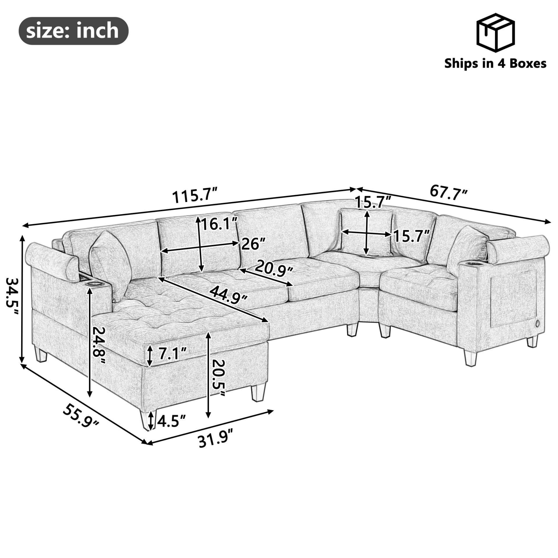 U Shaped Sectional Sofa, Corner Living Room Couch With Built In Cup Holders, Storage, USB Ports - Beige - Image 3