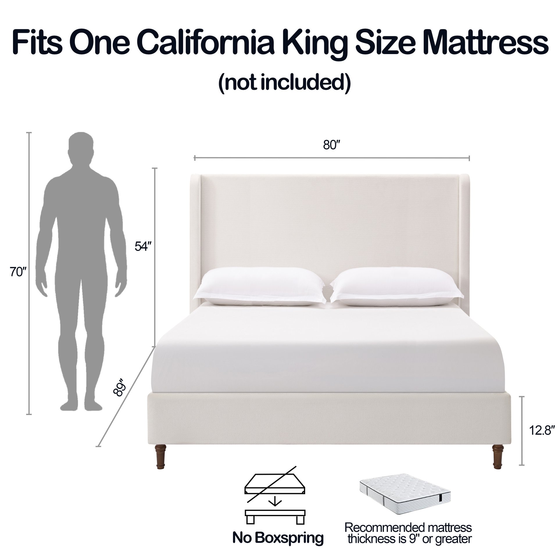 Harper - California King Size Tall Headboard Upholstered Bed Frame, Slats Base - Cream White - Image 3