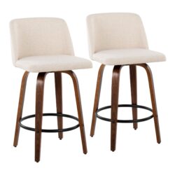 Toriano - Mid-Century Modern Fixed Height Counter Stool & Round Footrest (Set of 2) - Walnut / Cream