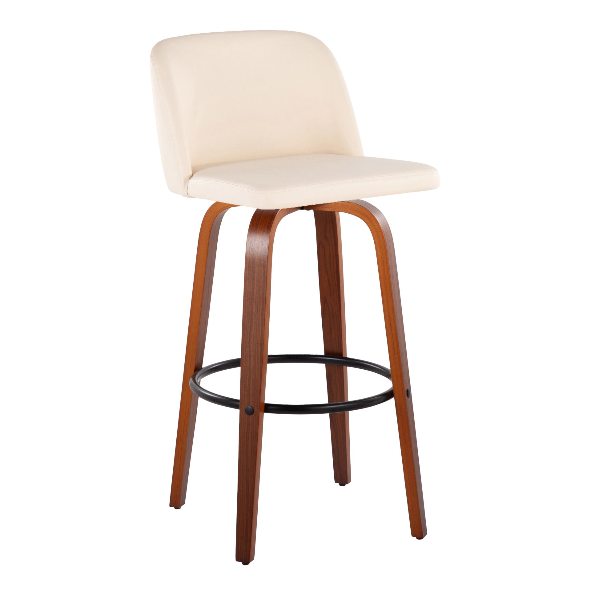 Toriano - Mid-Century Modern Fixed Height Barstool With Swivel With Round Footrest (Set of 2) - Walnut / Cream - Image 2