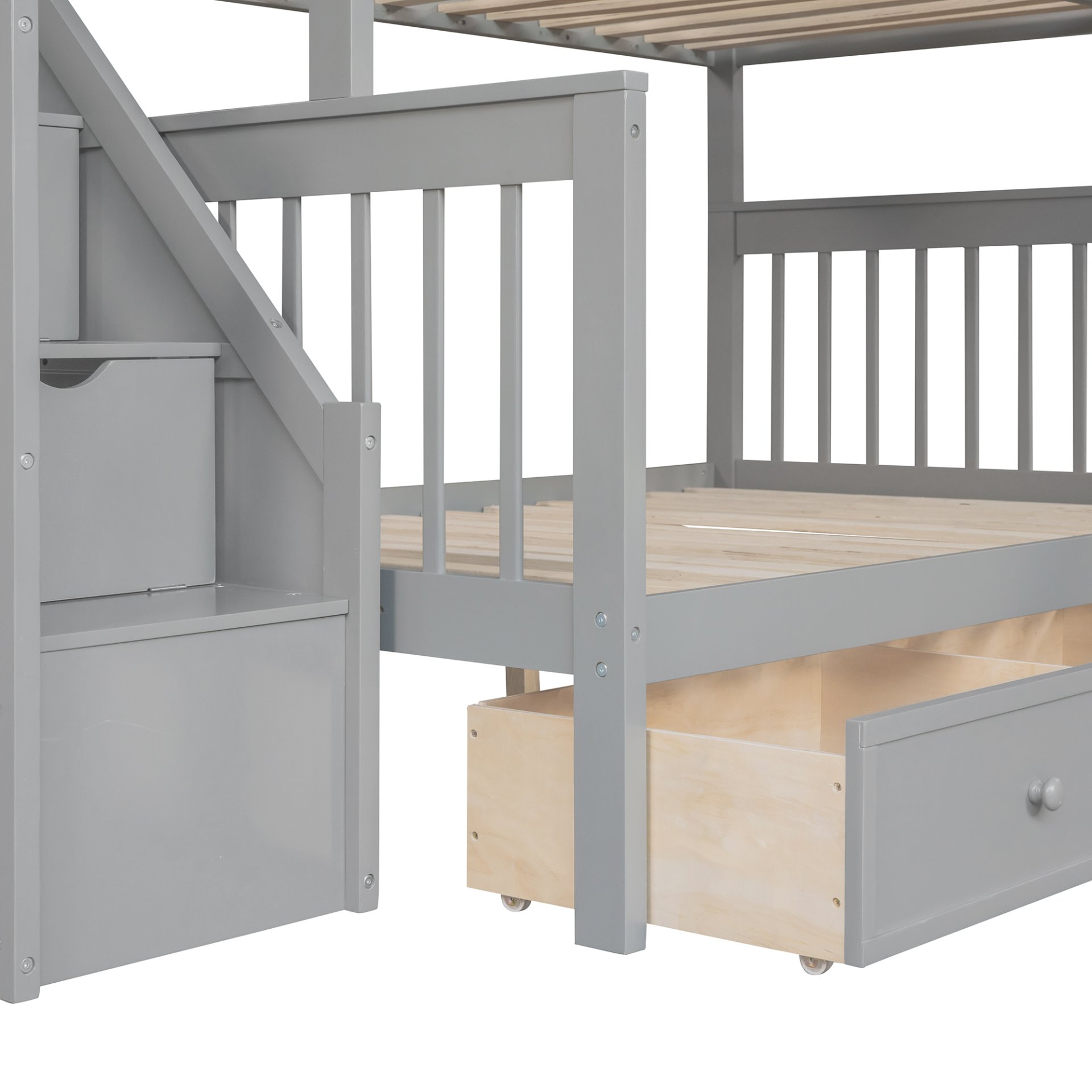 Twin Over Full L Shaped Bunk Bed & 3 Drawers, Ladder And Staircase - Gray - Image 16