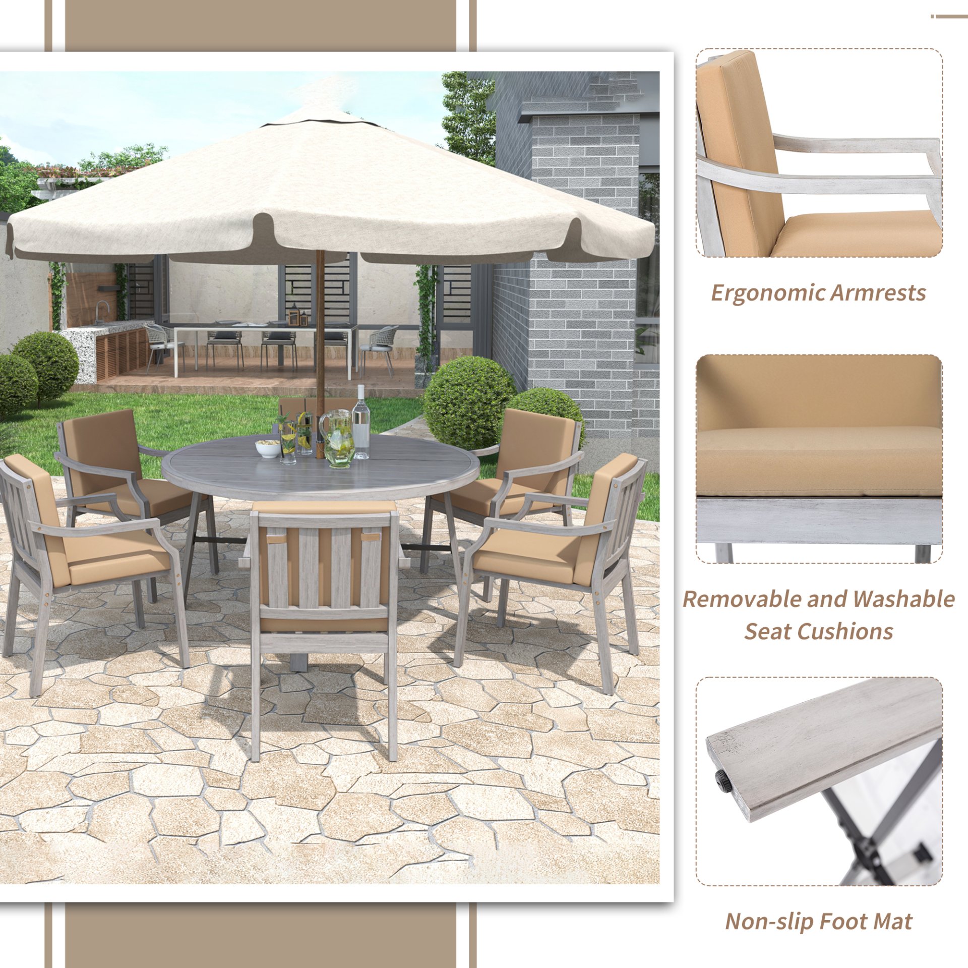 6 Person Outdoor Wooden Dining Set With Umbrella Hole And Removable Cushions For Patio - Gray - Image 5