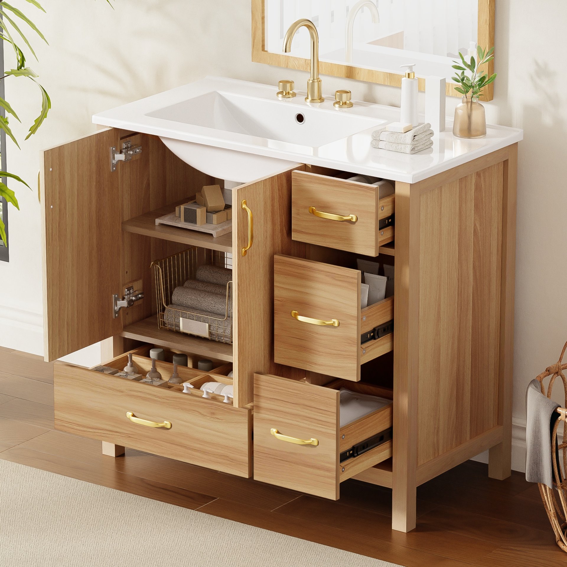 36" Bathroom Vanity, 2 Soft Close Doors, 4 Soft Close Drawers, Adjustable Shelf, Storage Cabinet - Acacia Wood - Image 5