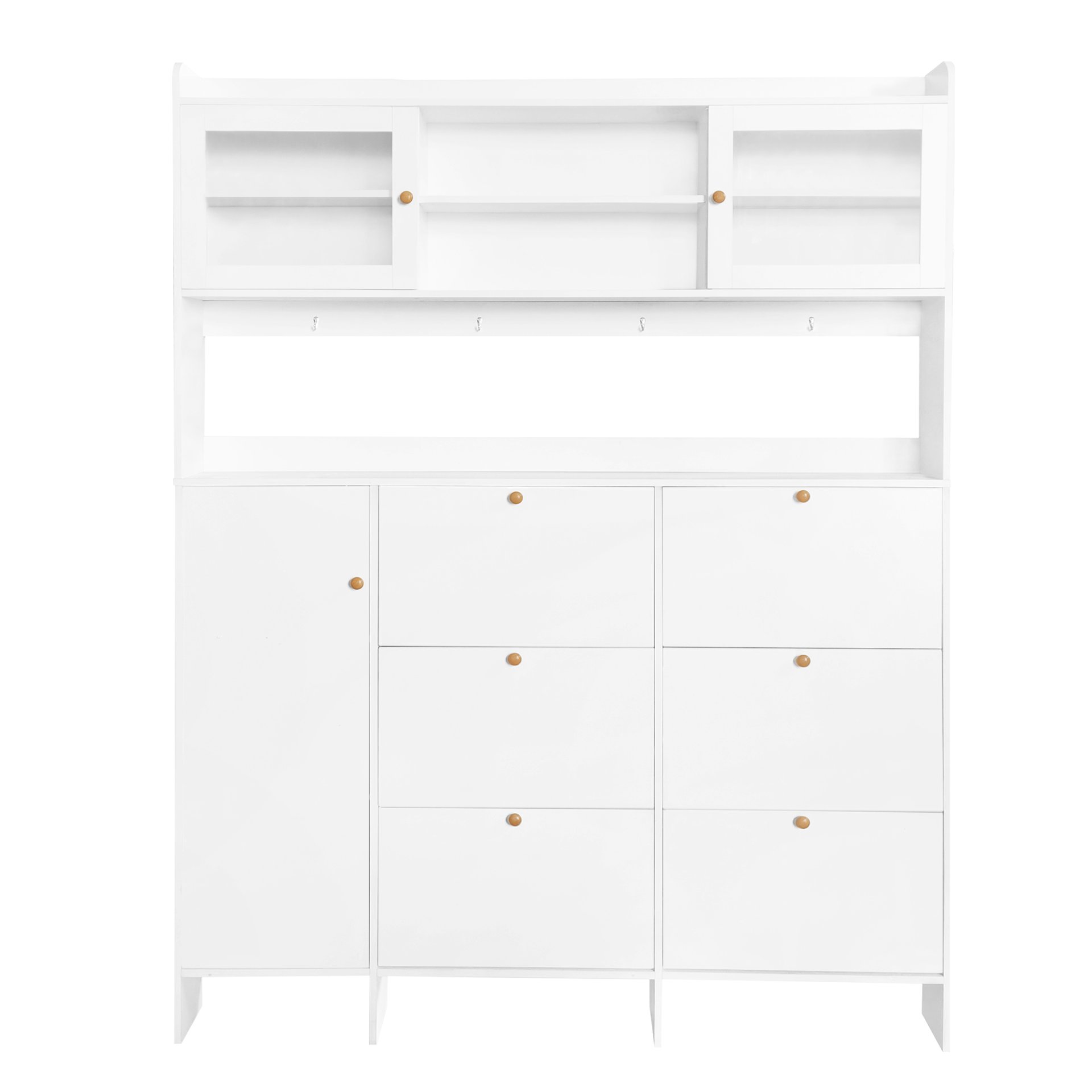 Multifunctional Tipping Bucket Shoe Cabinet With Storage Shelf & 6 Flip Drawers, Large Hall Tree With Tempered Glass Doors, Foyer Cabinet With 4 Hooks For Hallway - White - Image 11