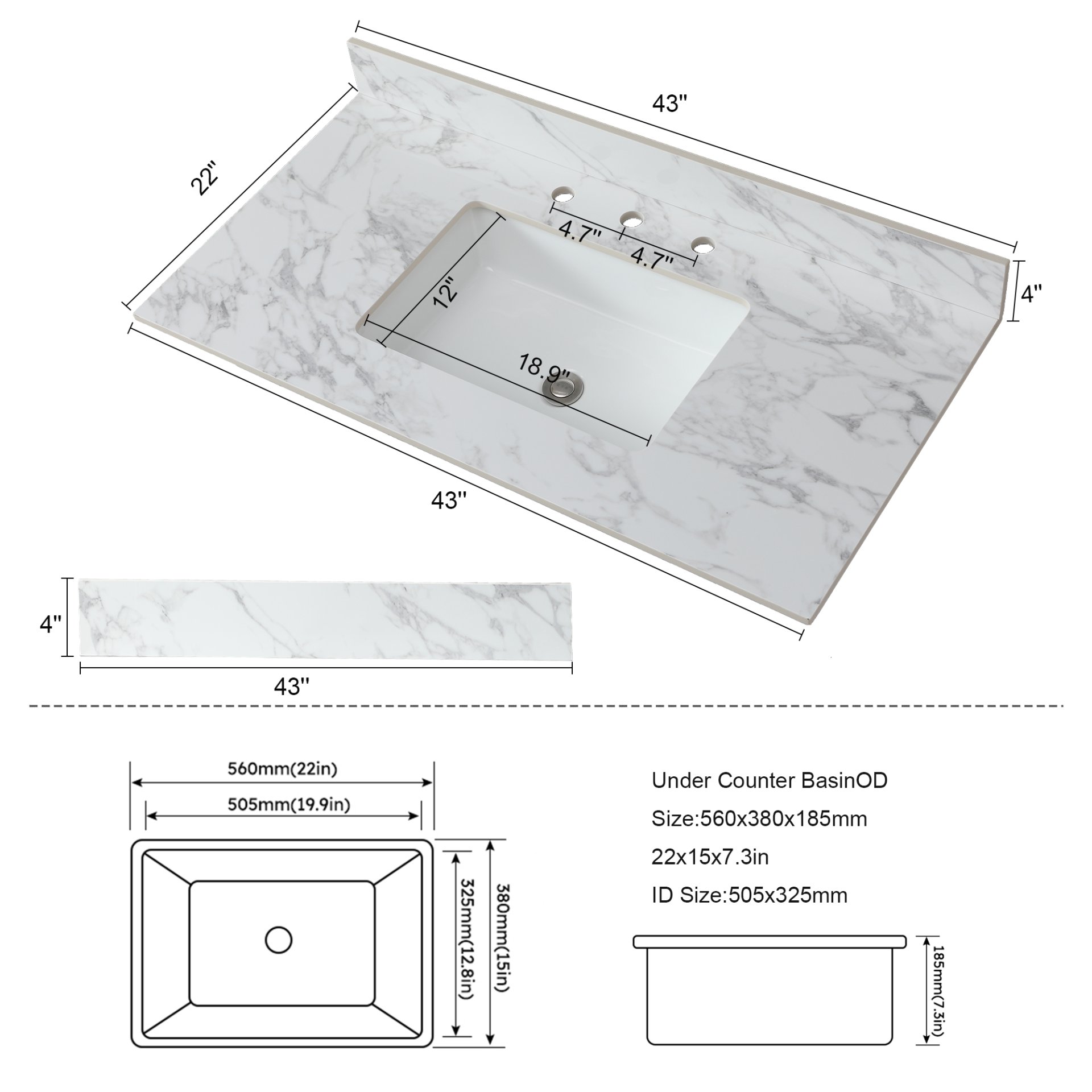 Elegant Bathroom Vanity Top With Rectangular Undermount Ceramic Sink Sintered Stone - White - Image 3