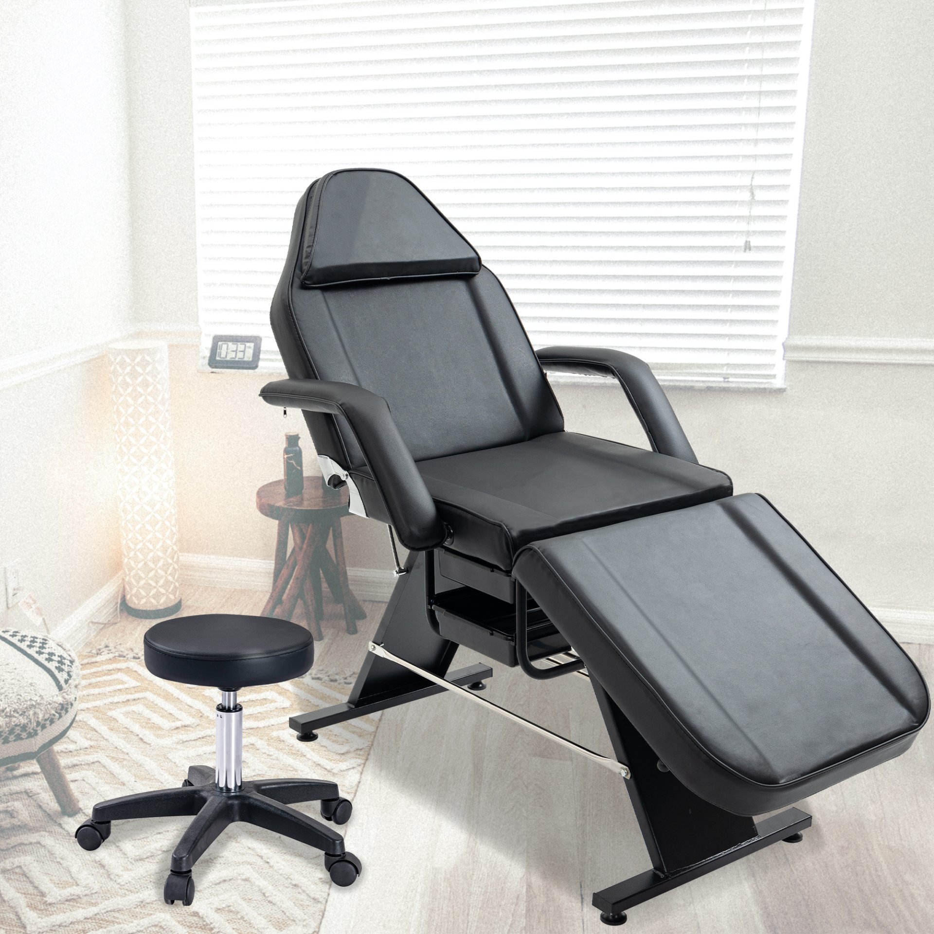 Massage Salon Tattoo Chair With Two Trays Esthetician Bed With Hydraulic Stool, Multi-Purpose 3-Section Facial Bed Table, Adjustable Beauty Barber Spa Beauty Equipment - Black - Image 7