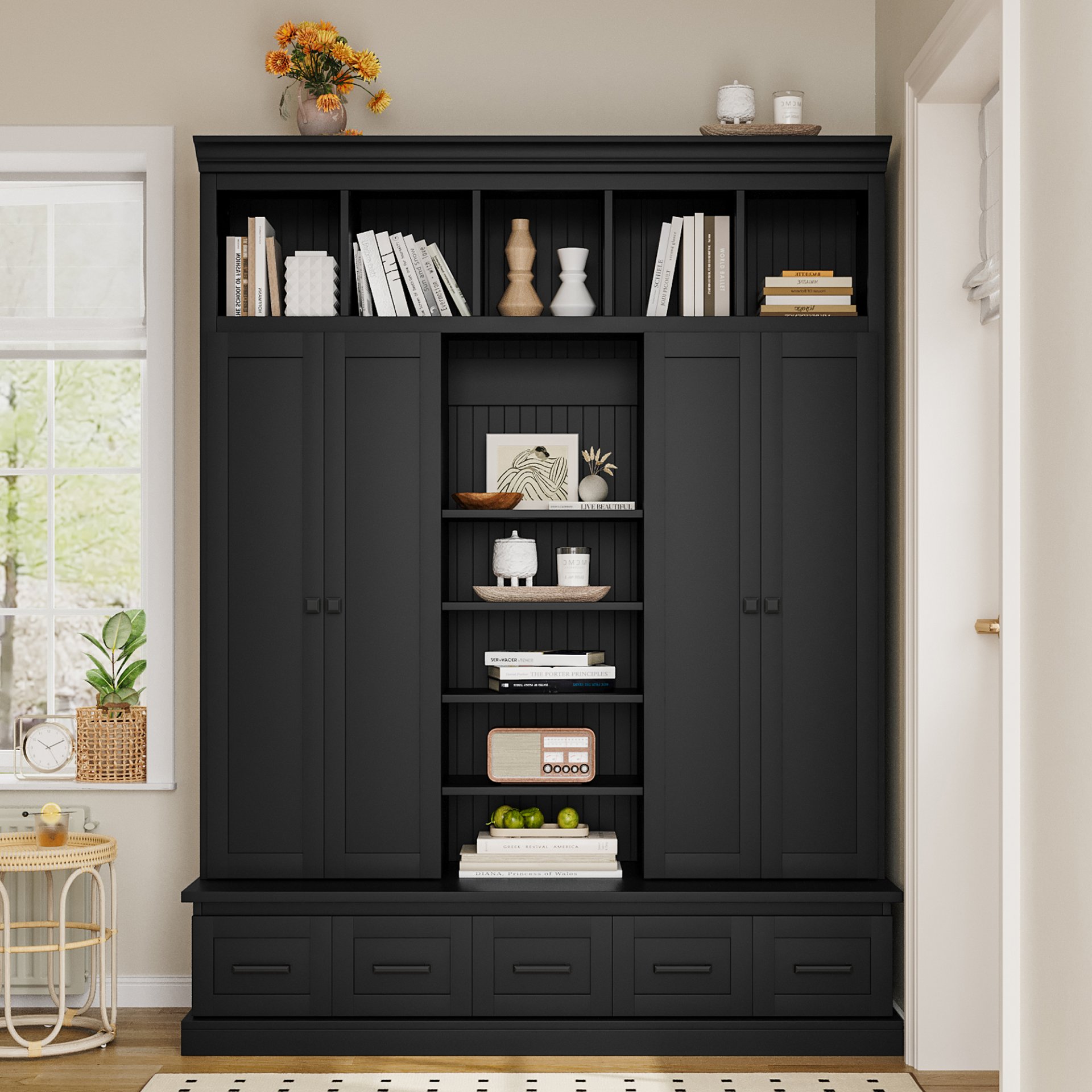 Hall Tree With Bench And 5 Storage Cubbies, Modern Entryway Storage Organizer Cabinet With 4 Doors, 5 Drawers And Adjustable Shelves For Hallway, Entryway, Living Room - Black - Image 6