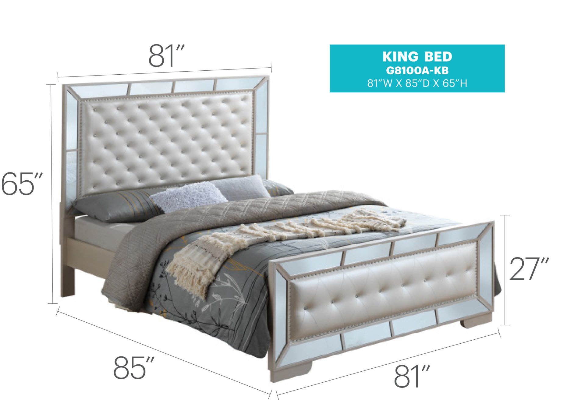 King Bed Stylish Contemporary - Off White - Image 8