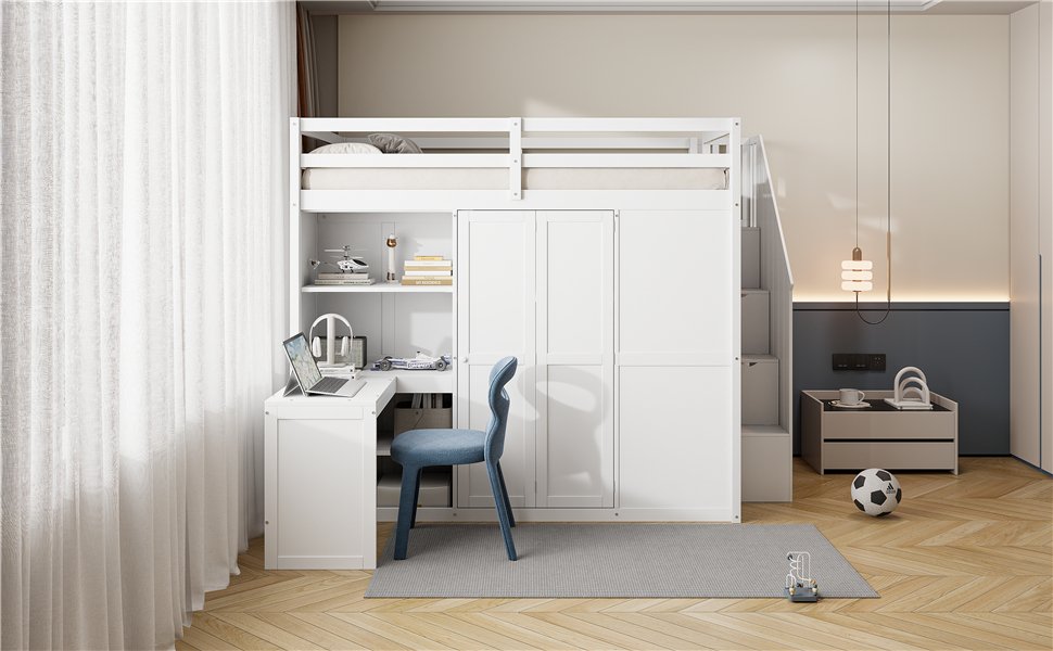 Full Size Loft Bed With Wardrobe, Desk And Shelves - White - Image 16