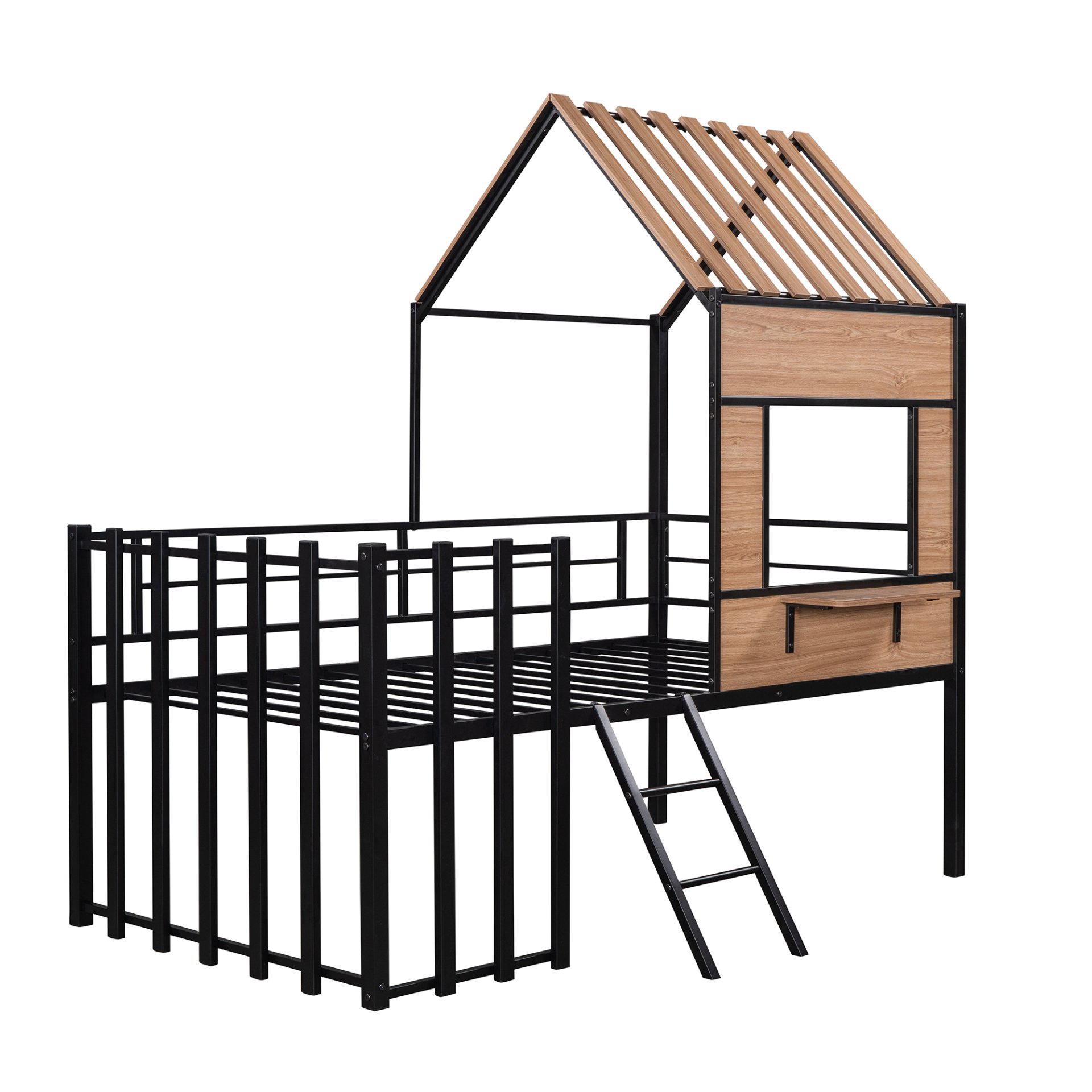 Twin Size Loft Bed With Roof, Window, Guardrail, Ladder - Black - Image 6