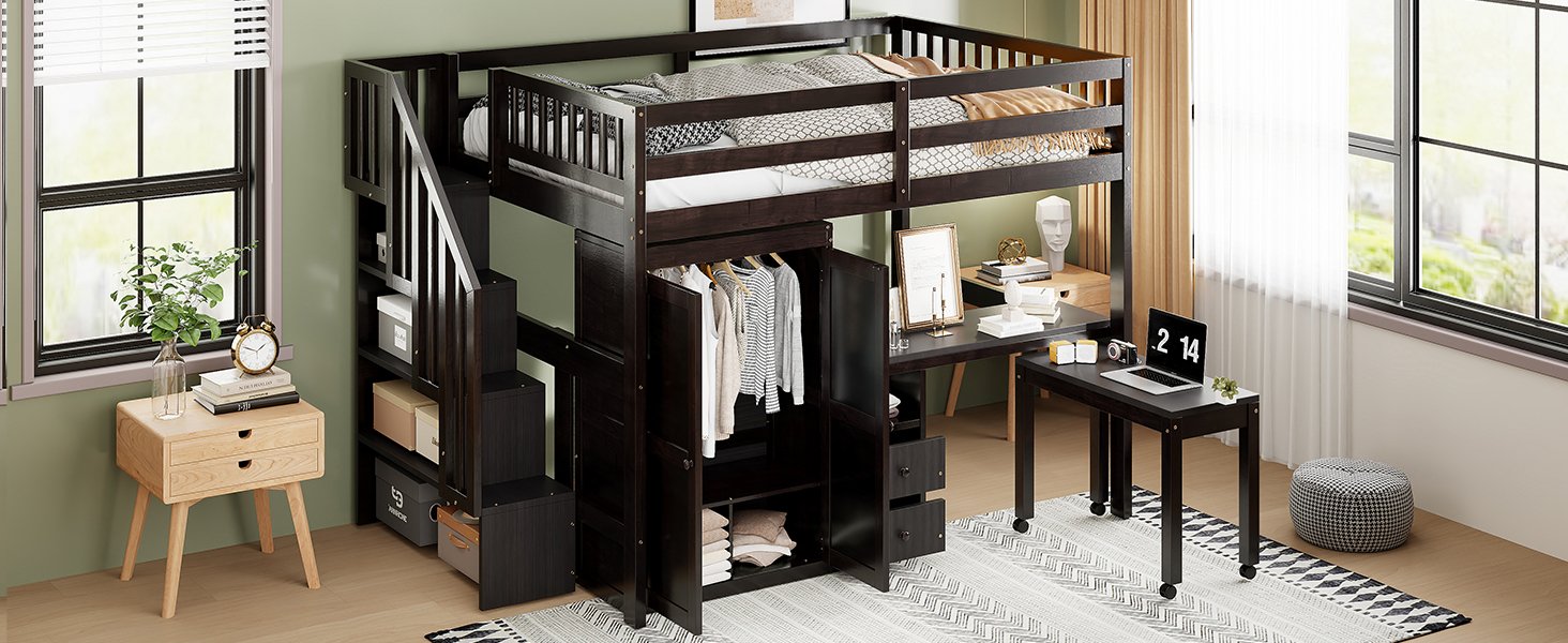 Full Size Loft Bed With Stairs, Bookshelf, Drawers, Desk & Wardrobe, Space Saving Multifunctional Furniture - Espresso - Image 25