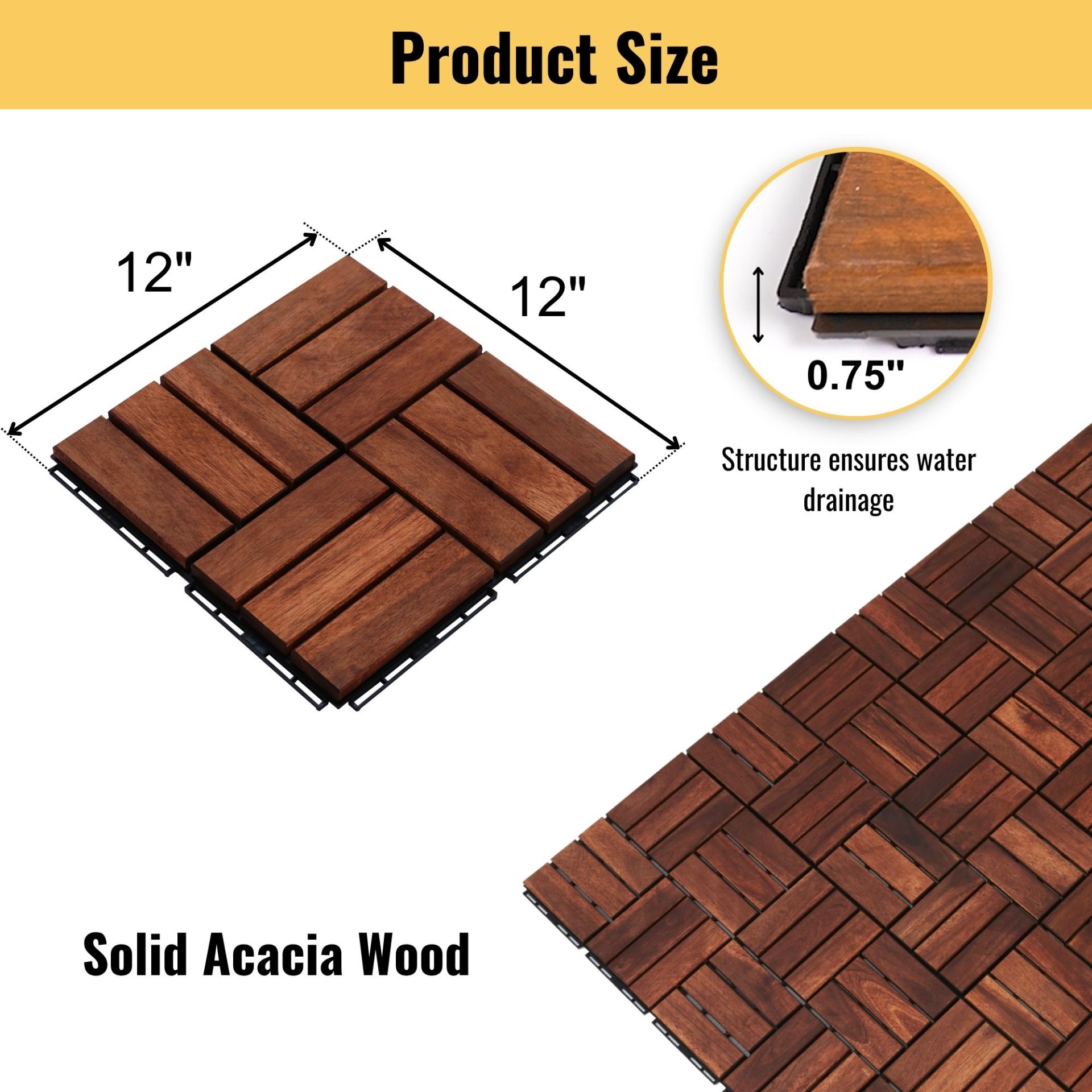 Acacia Wood Interlocking Deck Tiles Checker Pattern, 10 Piece Square Acacia Hardwood Outdoor Flooring For Patio, Bancony, Pool Side - Brown - Image 3