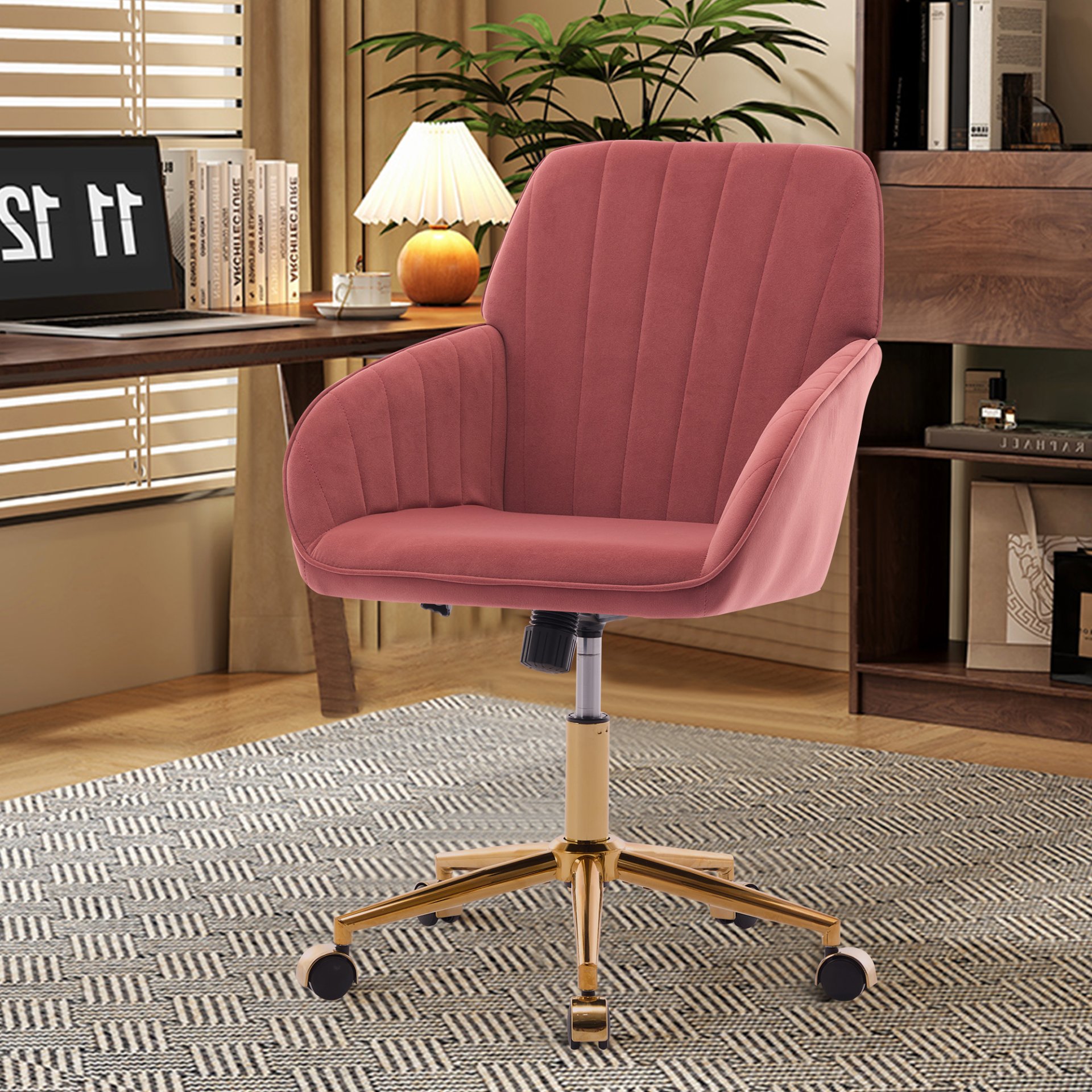 Ergonomic Swivel Office Chair, Comfortable Velvet Backrest Seat, Adjustable For Home And Bedroom - Rose Red - Image 5