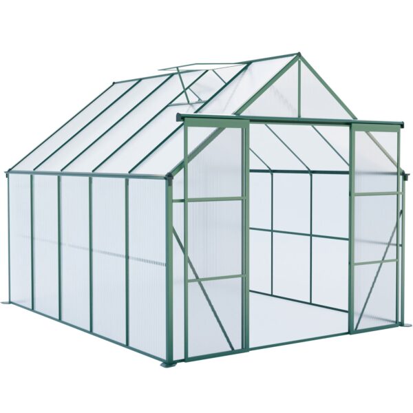 Double Door Polycarbonate Greenhouse Raised Base And Ancho, Heavy Duty Walk In Greenhouses For Outdoor Backyard In All Season - Green