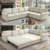 L-Shaped Sofa Couch With Pull Out Bed With Nailhead Trim & Rolled Arm, Sectional Couches, For Living Room - Beige - Image 2