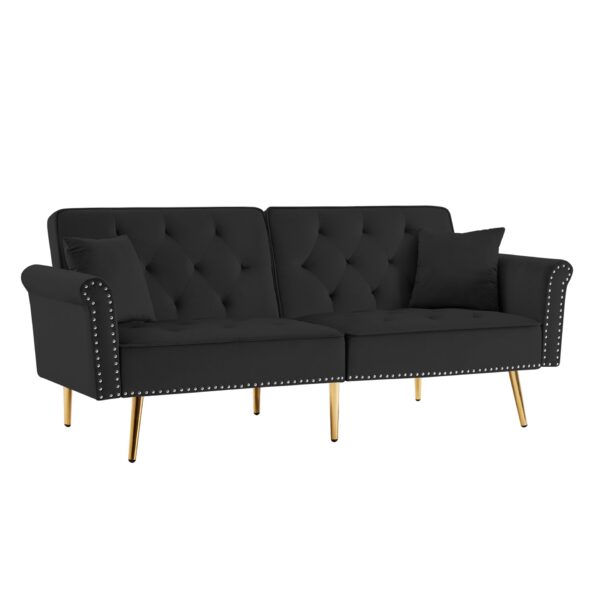 Velvet Tufted Sofa Couch With 2 Pillows And Nailhead Trim - Black