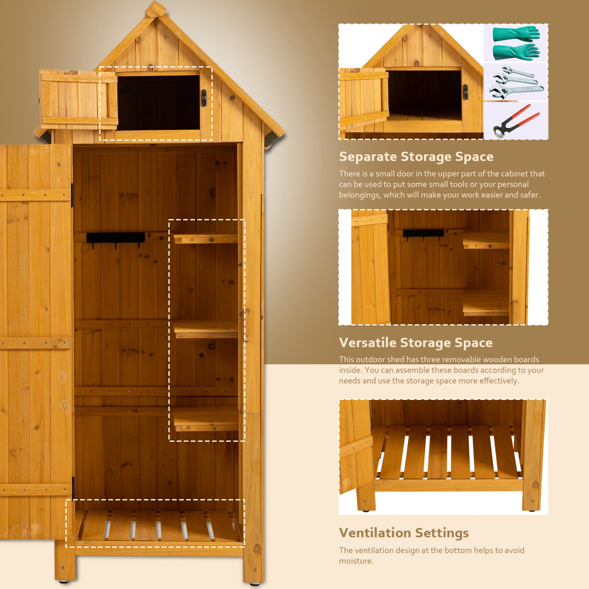 Outdoor Storage Cabinet Tool Shed Wooden Garden Shed - Natural - Image 3