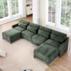 Elegant Four Seater Sofa With Movable Ottoman Lumbar Pillow Frame - Green - Image 17