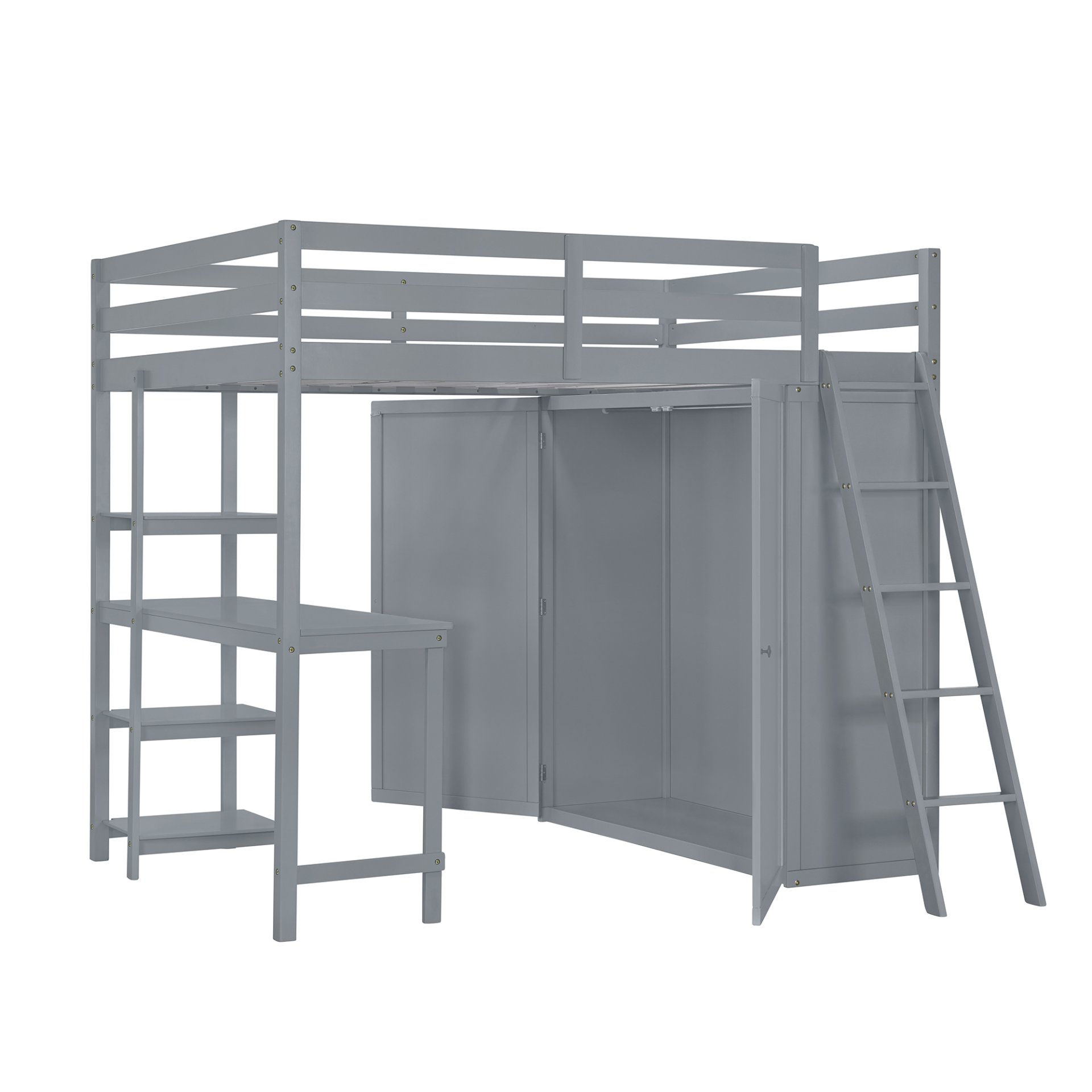 Full Size Loft Bed With Wardrobe And Desk And Shelves - Gray - Image 4